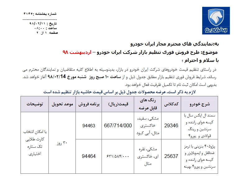 فروش فوری2 محصول ایران خودرو از ساعت 10 صبح فردا 14 اردیبهشت 98 (+جدول و جزئیات) فروش فوری2 محصول ایران خودرو از ساعت 10 صبح فردا 14 اردیبهشت 98 (+جدول و جزئیات)
