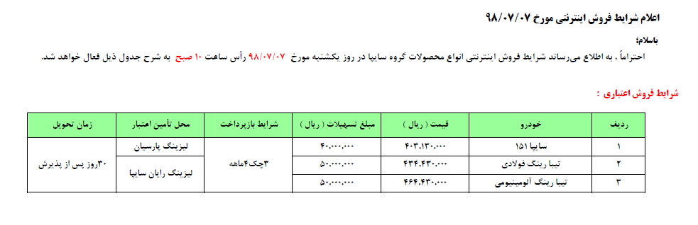 جدیدترین طرح فروش اقساطی محصولات سایپا ویژه  6 و 7 مهرماه 98 (+جدول)