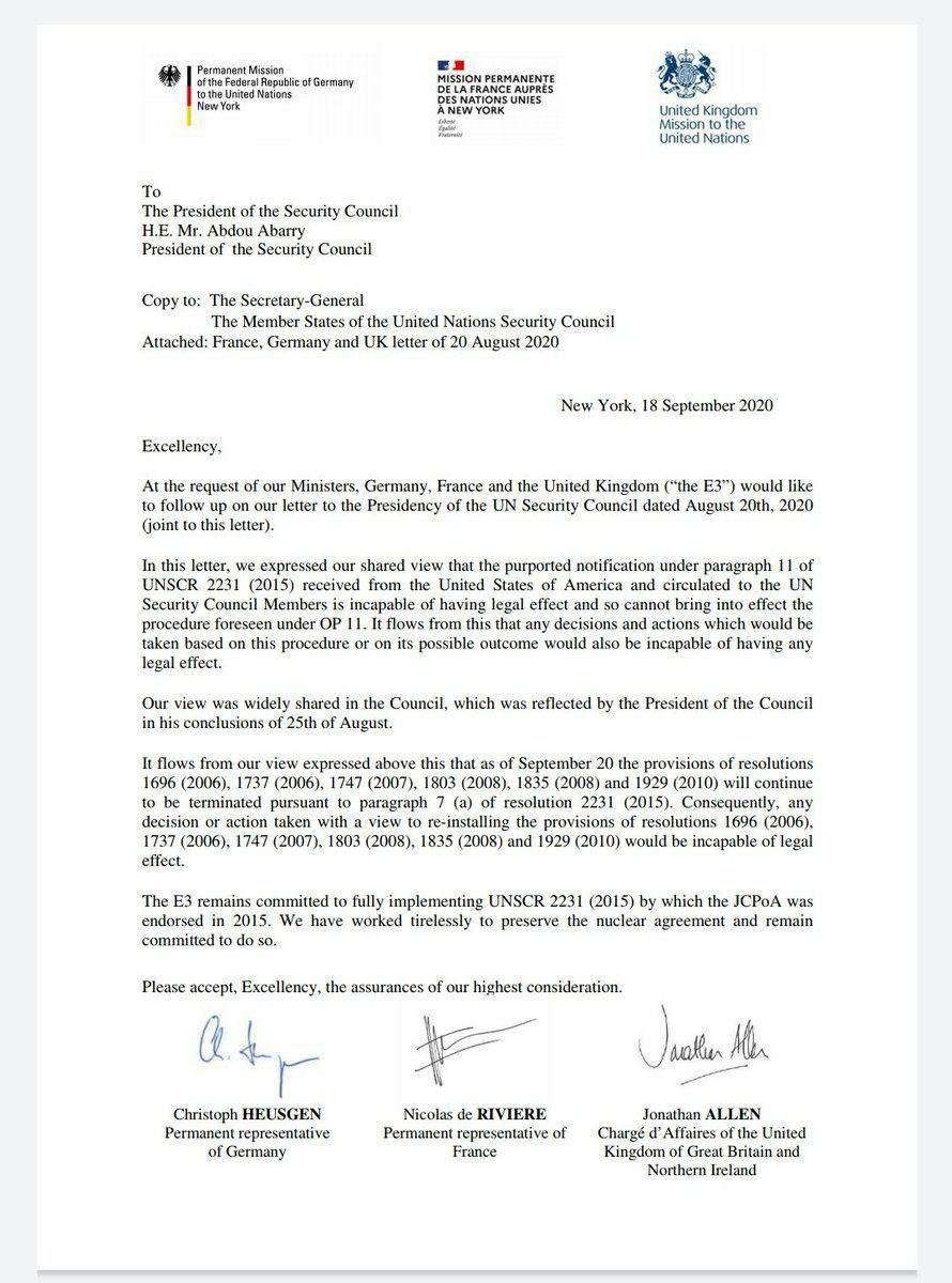 نامه 3 کشور اروپایی به شورای امنیت در مخالفت با طرح آمریکا برای بازگرداندن تحریم&zwnj;های ایران