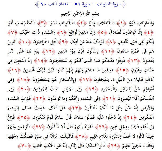 سوره های قرآن/ سوره ذاریات (متن، ترجمه و فایل صوتی)