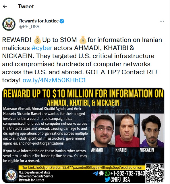 امریکا: جایزه 10 میلیون دلاری برای کمک به بازداشت 3 هکر ایرانی امریکا: جایزه 10 میلیون دلاری برای کمک به بازداشت 3 هکر ایرانی